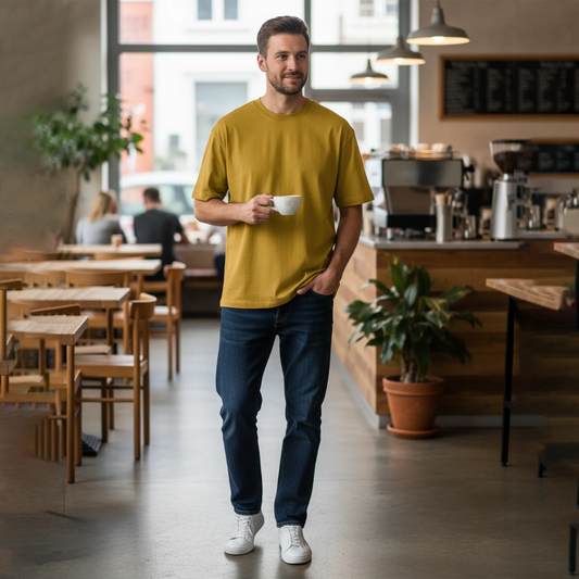 Man holding a cup in a coffee shop