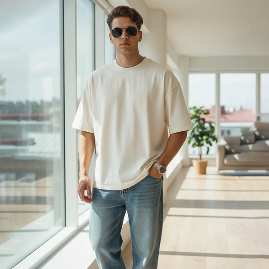 Man wearing sunglasses and a white t-shirt in a modern living room.