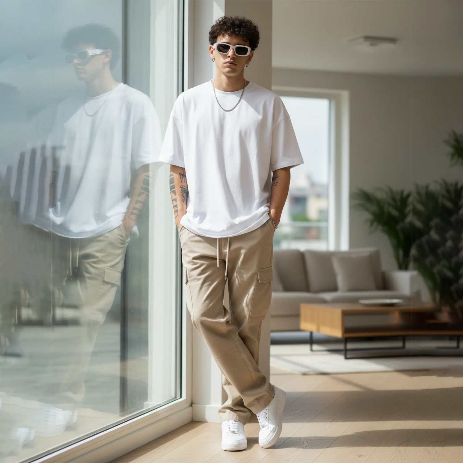 Man wearing sunglasses and casual clothing standing in a modern living room.