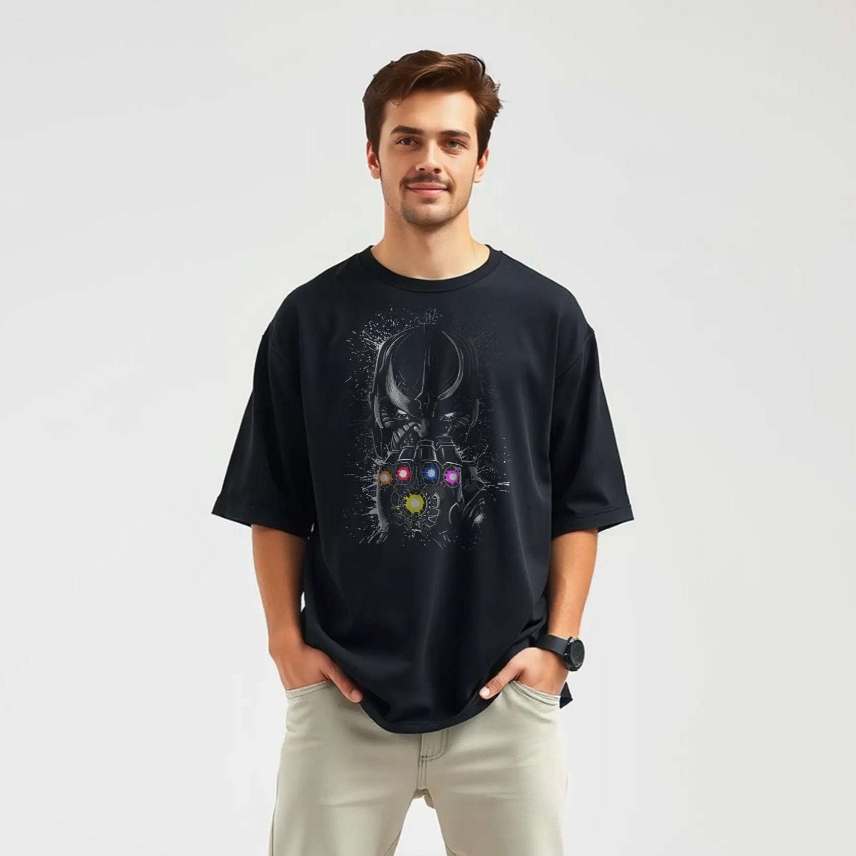 thanos gauntlet neon stones oversized graphic t shirt
