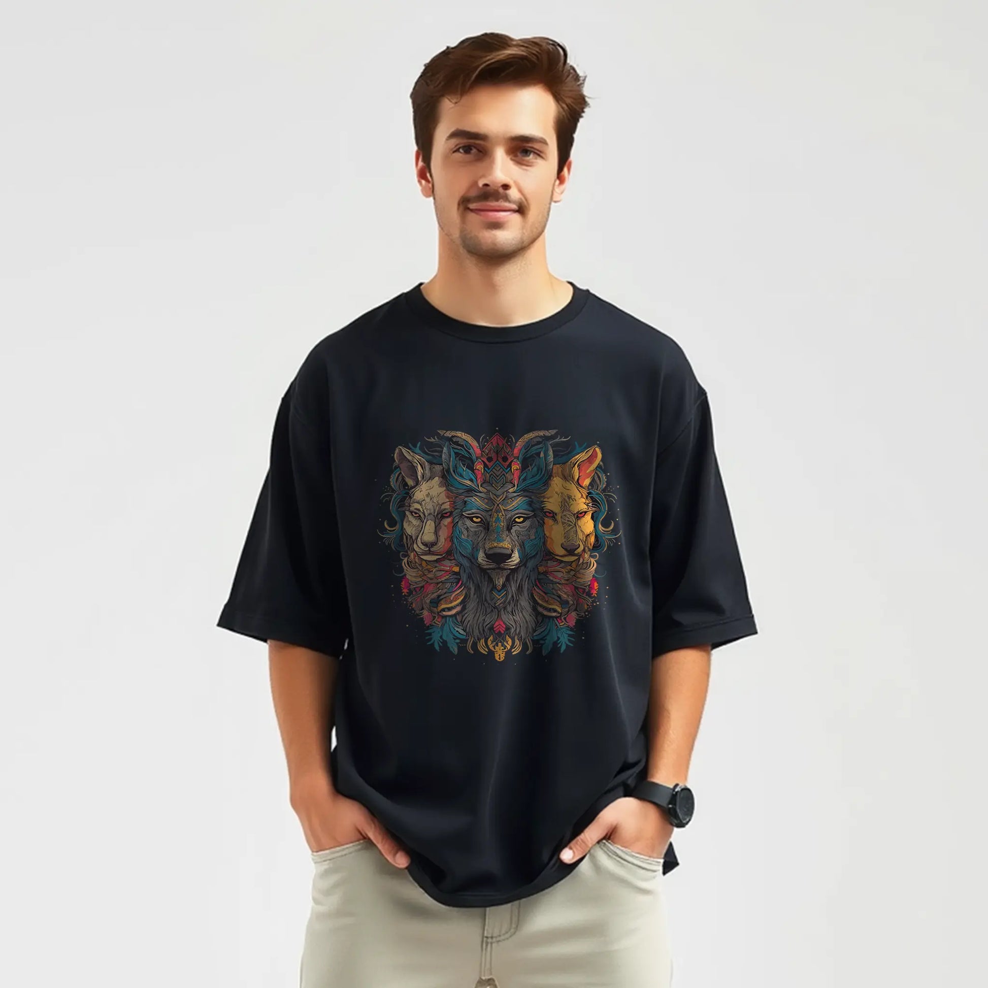 lion wolf trio totem mandala oversized graphic t shirt
