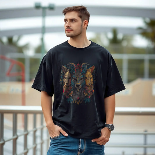 lion wolf trio totem mandala oversized graphic t shirt