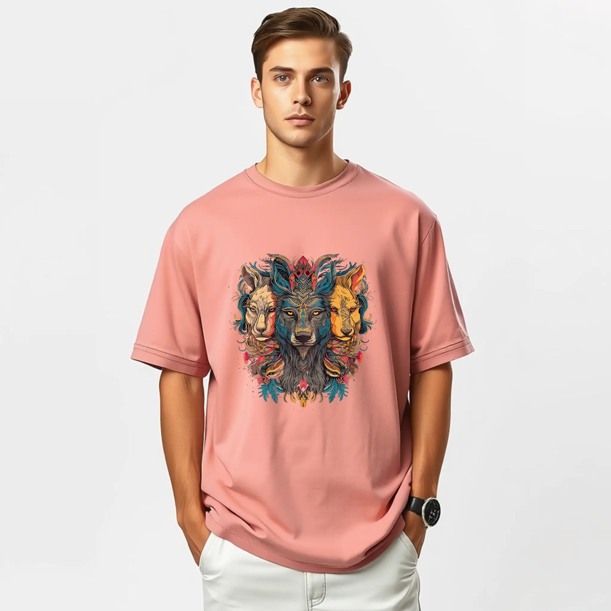 lion wolf trio totem mandala oversized graphic t shirt