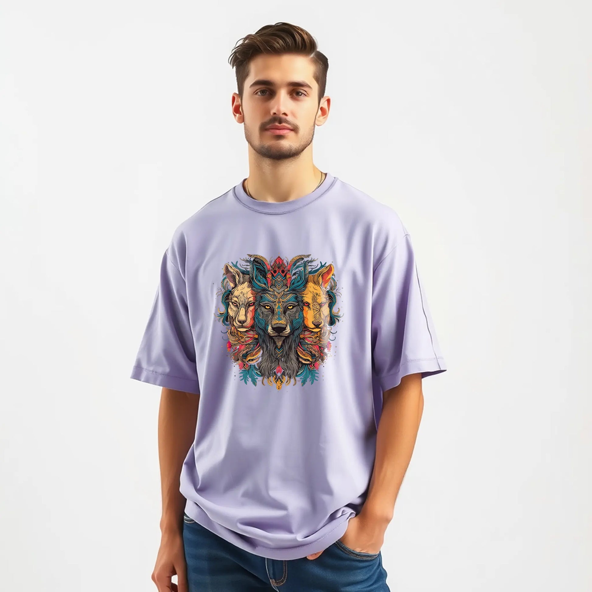 lion wolf trio totem mandala oversized graphic t shirt