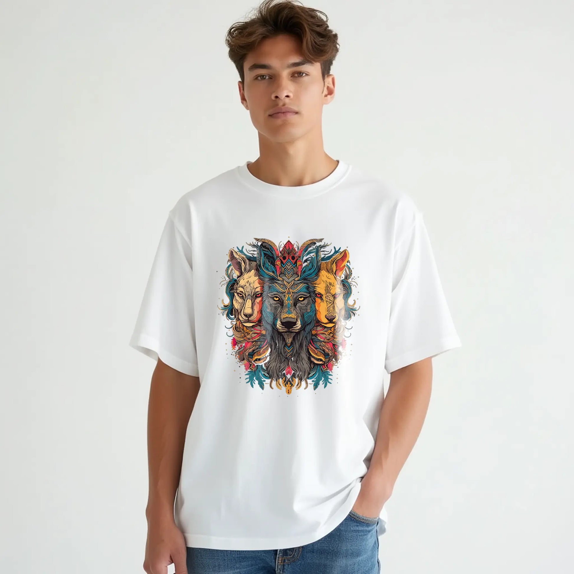 lion wolf trio totem mandala oversized graphic t shirt