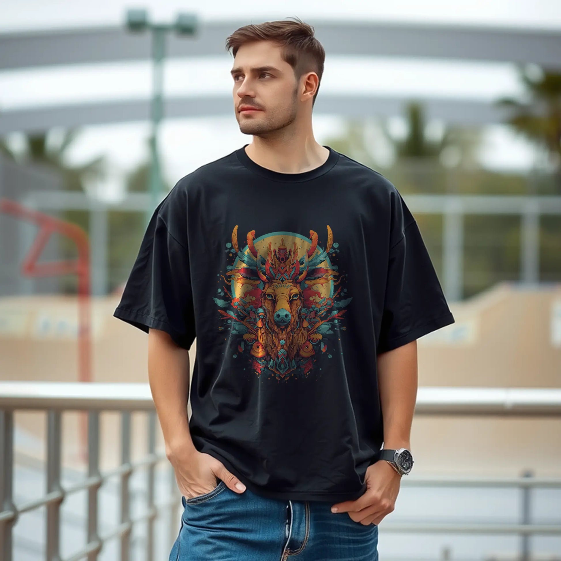 stag totem mandala oversized t shirt tribal art