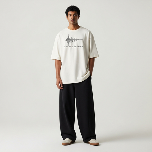Silence Speaks – Minimal Soundwave Graphic- Terry Oversized Tee Menswear
