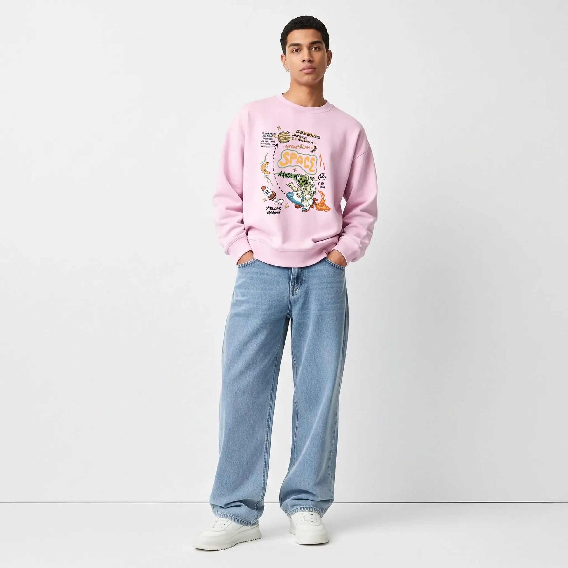 Space Mission-Pink-Mens Oversized Sweatshirt