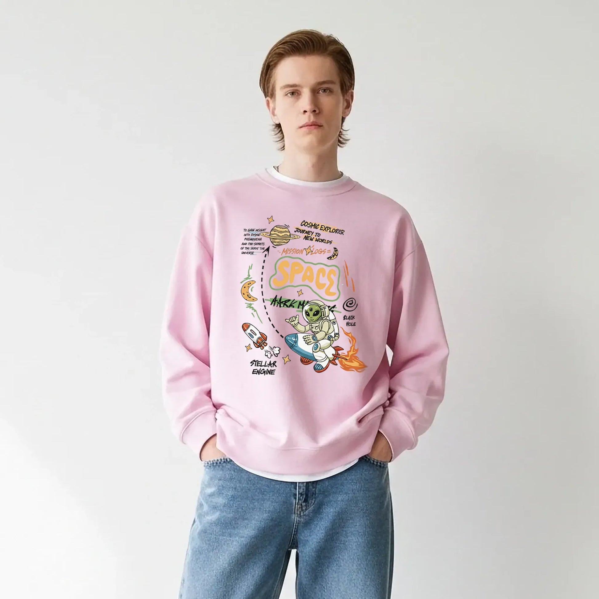 Space Mission-Pink-Mens Oversized Sweatshirt