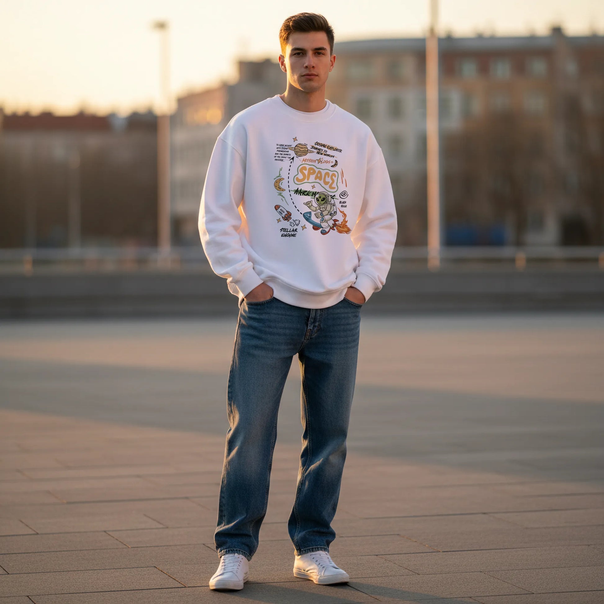 Space Mission-White-Mens Oversized Sweatshirt