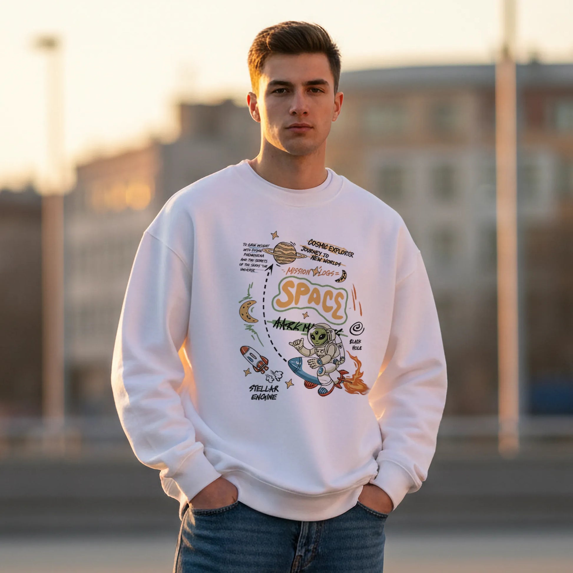 Space Mission-White-Mens Oversized Sweatshirt